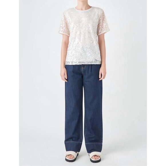 GREY LAB Sequin Short Sleeve Top‎ White Nude Pink NWT Size M - Picture 5 of 9